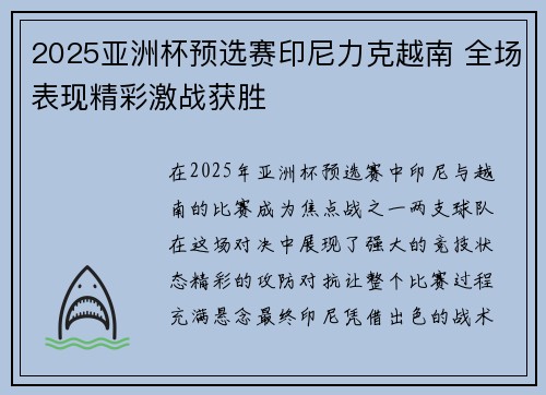 2025亚洲杯预选赛印尼力克越南 全场表现精彩激战获胜