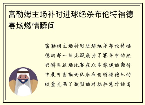 富勒姆主场补时进球绝杀布伦特福德赛场燃情瞬间