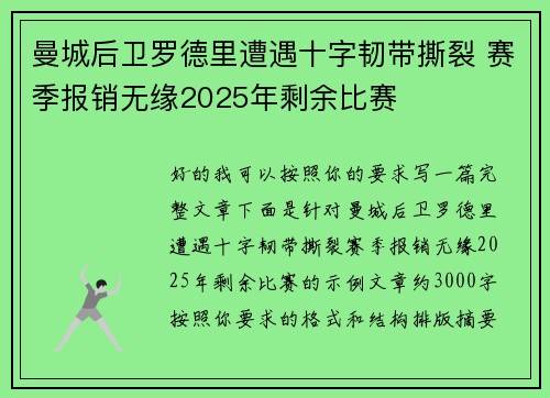 曼城后卫罗德里遭遇十字韧带撕裂 赛季报销无缘2025年剩余比赛